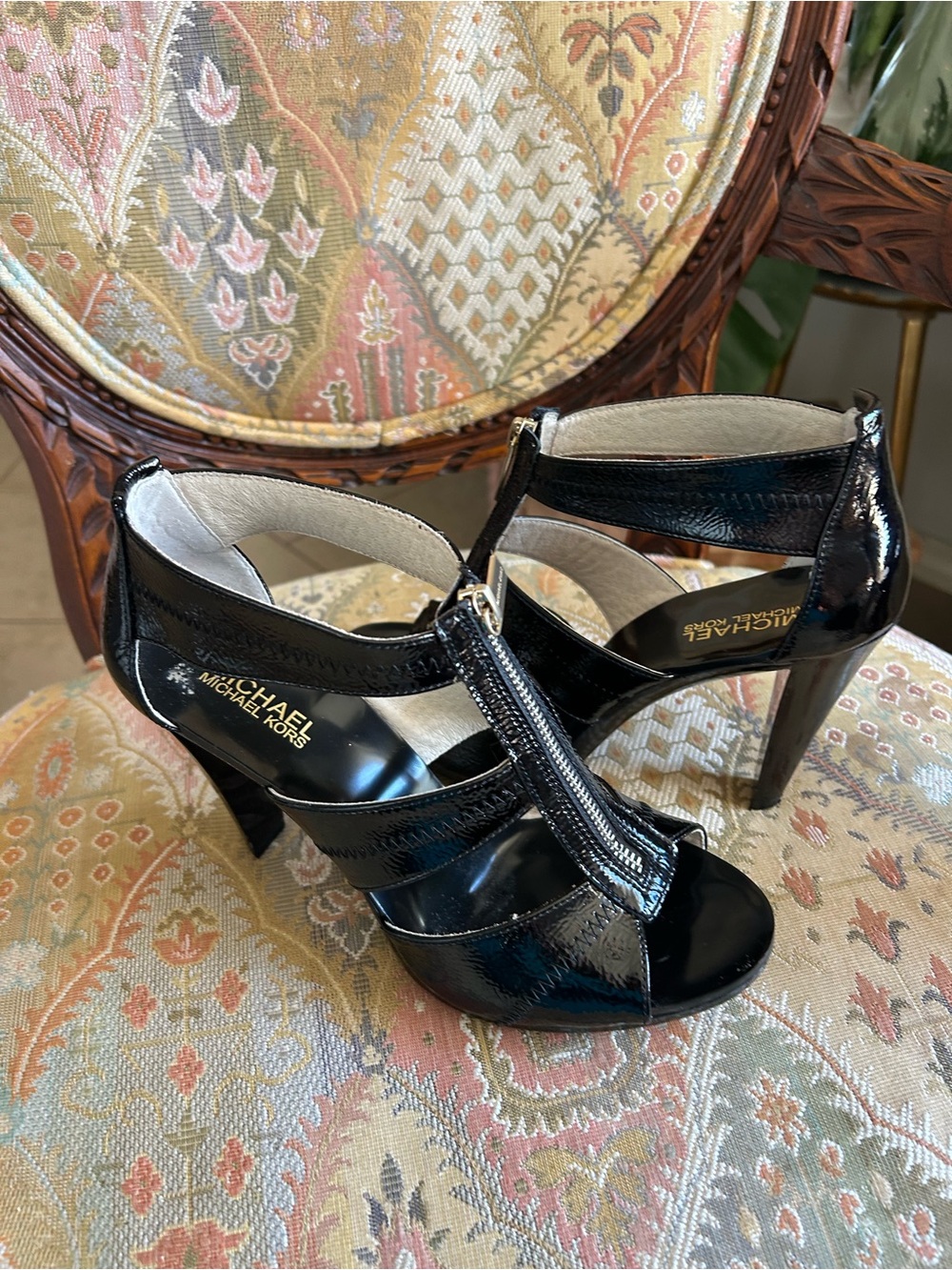 Michael Black Patent Leather Zip-Strap Heels